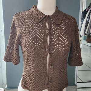 H&M Brown Crochet Button-Front Short Sleeve Top